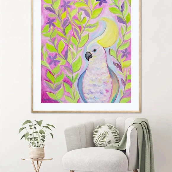 Cockatoo Hairdo Art Print Oil Painting tropical bird plants flowers whimsical - Picture 3 of 10